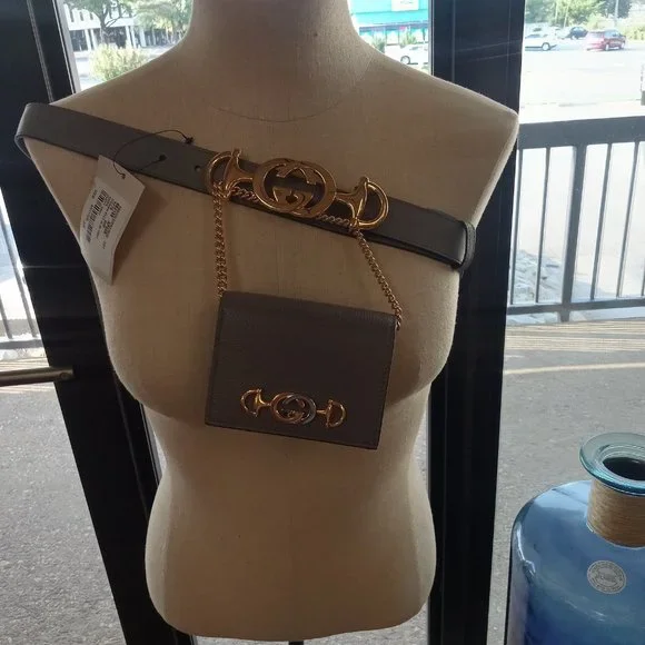 Gucci Zumi Gray Cardholder Wallet with Chain & Gucci Zumi Leather Belt size 90 - Picture 1 of 15